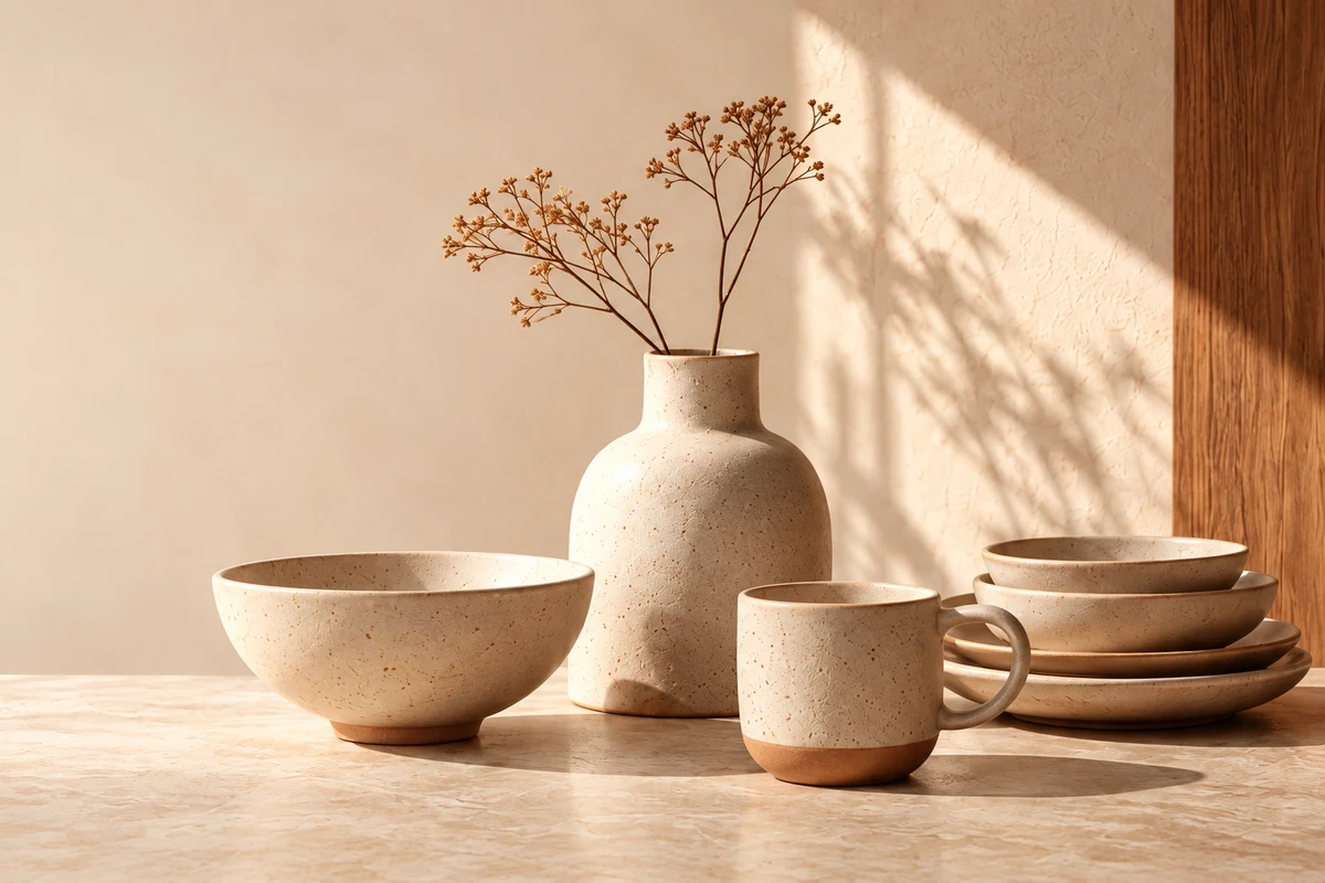Ceramic vase, bowls and cup in warm sunlight, from the FORME studio concept.